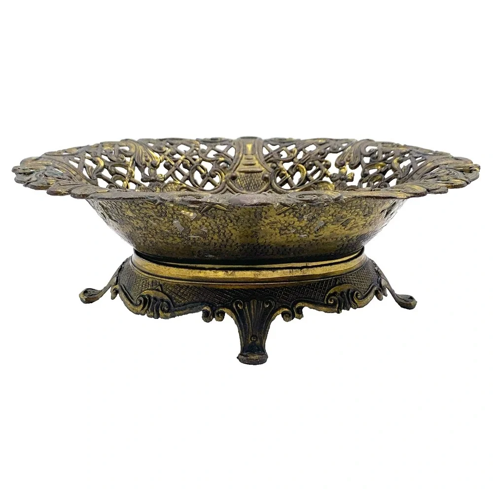 Brass Patina Ornate Reticulated Oval 2pc Basket Base Potmetal Italy CT7 Vtg 60s
